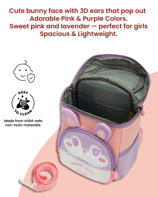 Urban Picks TUTTU Bunny Kids Backpack – Cute 3D Bunny Ears, High-Quality Zippers & Adjustable Straps (Pink, 33 x 23 x 13 cm) - Image 4