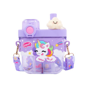 Urban Picks Plastic Double Cap Unicorn Bottle for Kids, Odour, BPA free - Dual Way Sipper Straw, Leak and spill proof with Adjustable Strap (Purple, 600 ml)