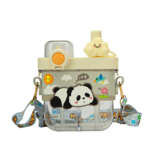 Urban Picks Plastic Double Cap Panda Bottle for Kids, Odour, BPA free - Dual Way Sipper Straw, Leak and spill proof with Adjustable Strap (Purple, 600 ml)