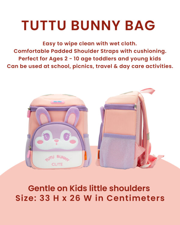 Urban Picks TUTTU Bunny Kids Backpack – Cute 3D Bunny Ears, High-Quality Zippers & Adjustable Straps (Pink, 33 x 23 x 13 cm) - Image 2