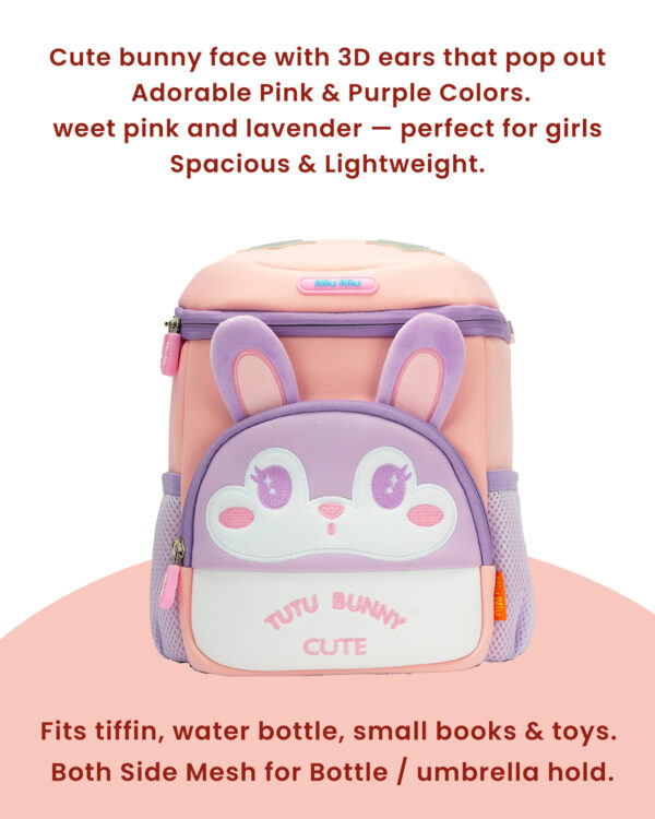 Urban Picks TUTTU Bunny Kids Backpack – Cute 3D Bunny Ears, High-Quality Zippers & Adjustable Straps (Pink, 33 x 23 x 13 cm) - Image 3